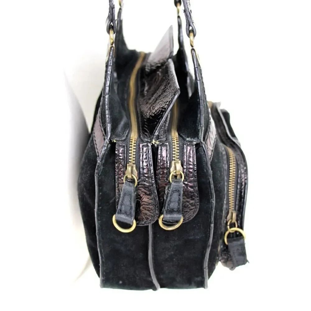 BICA CHEIA BLACK CRINKLED GENUINE LEATHER SUEDE TOTE SHOULDER BAG HANDBAG PURSE - Picture 4 of 10